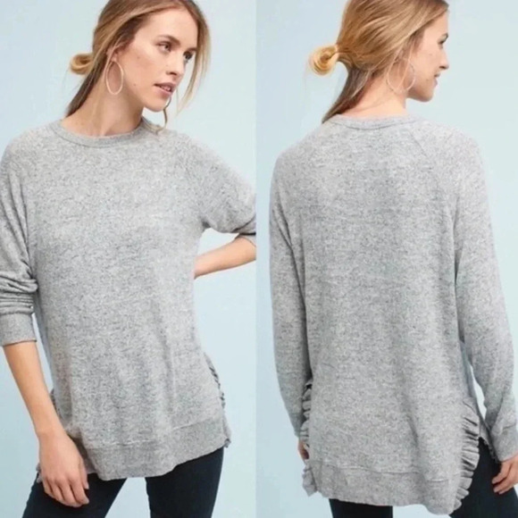 Anthropologie Postmark gray soft knit Ruffle Hem Side Split Sweater top sz Small - Picture 1 of 7